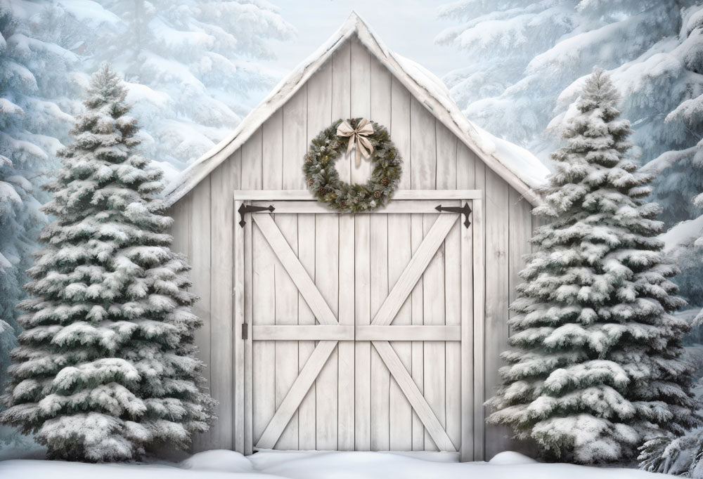 Rustic Snowy Winter Barn Backdrop