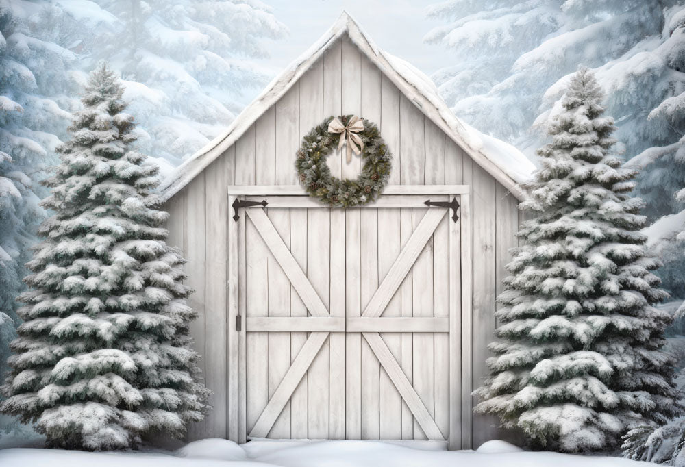 Kate Winter Christmas White Barn Door Snow Backdrop Designed by Emetselch