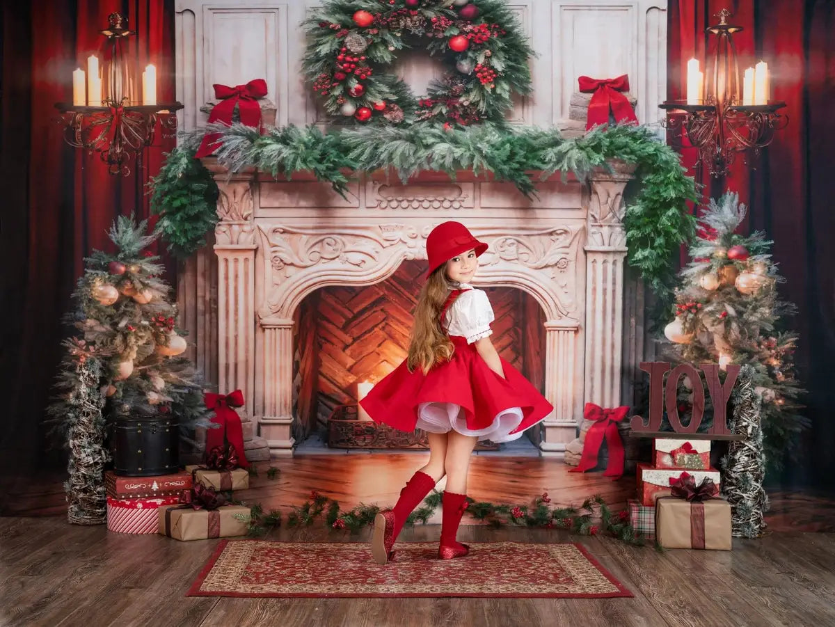 Kate Christmas Tree Fireplace Red Fleece Backdrop Designed by Emetselch