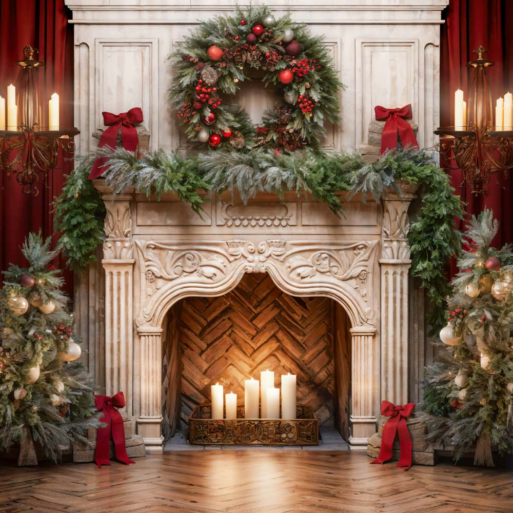 Kate Christmas Tree Fireplace Red Fleece Backdrop Designed by Emetselch