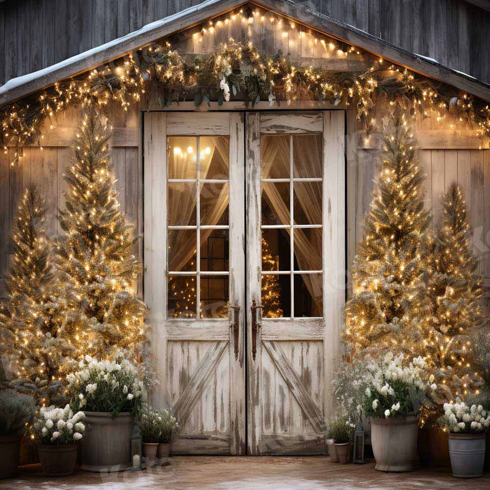 Kate Christmas Barn with Lights and Christmas Tree Fleece Backdrop Designed by Emetselch