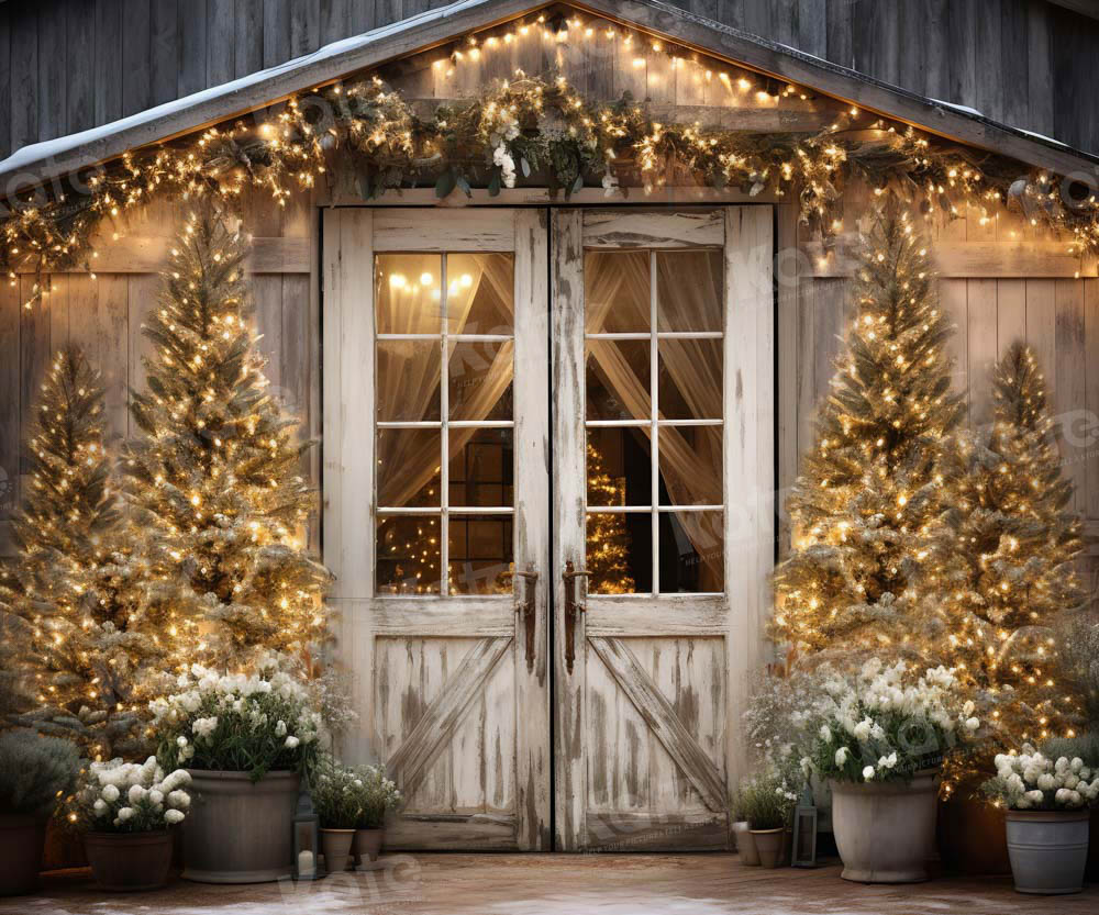 Kate Christmas Barn with Lights and Christmas Tree Fleece Backdrop Designed by Emetselch