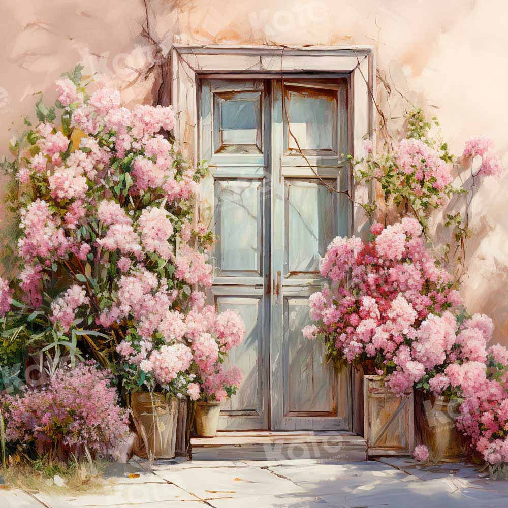 Kate Spring Pink Floral Wall Blue Door Backdrop Designed by Emetselch