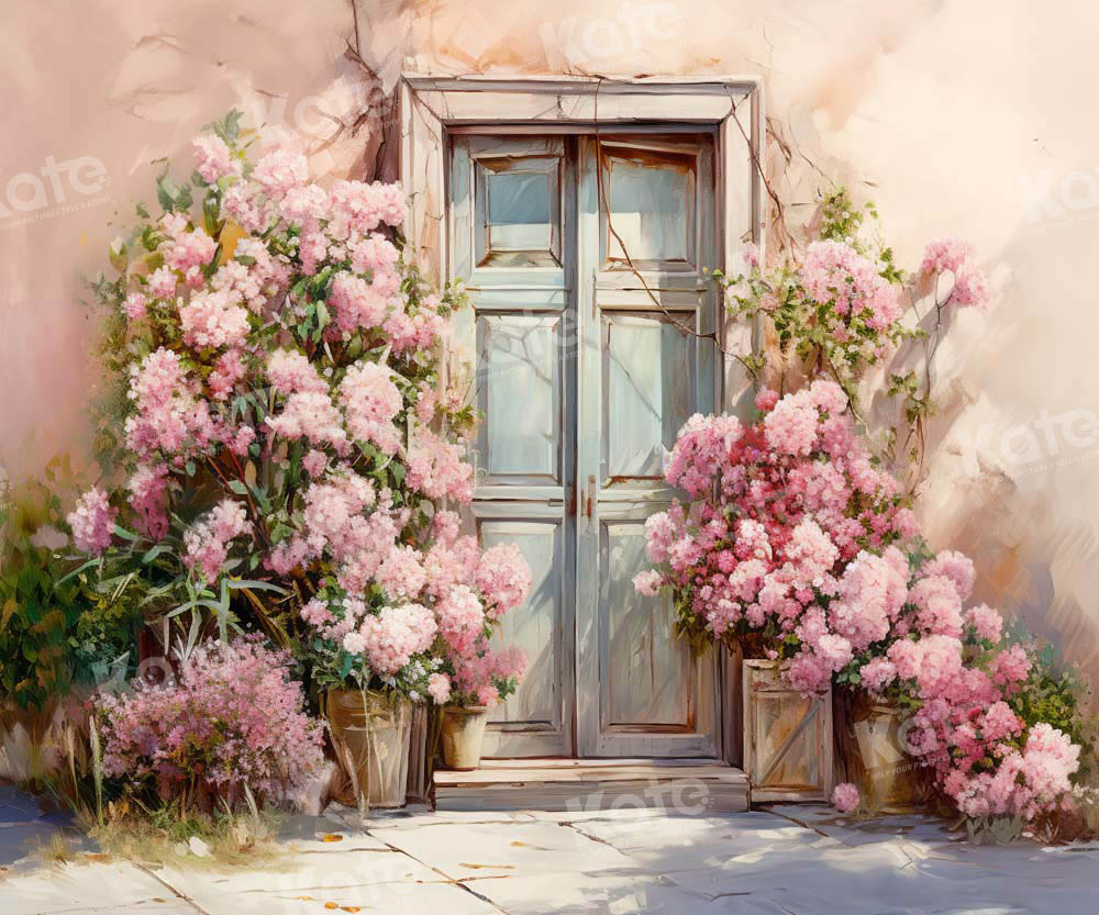 Kate Spring Pink Floral Wall Blue Door Backdrop Designed by Emetselch