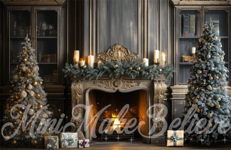 Kate Christmas Tree Winter Fireplace Blue Navy Backdrop Designed by Mini MakeBelieve
