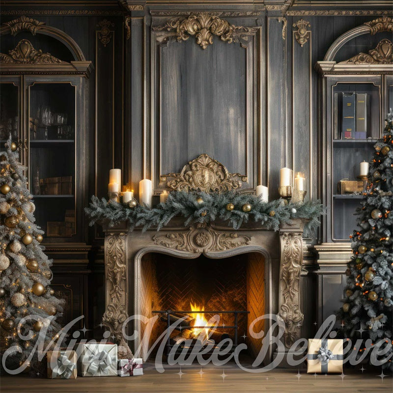 Kate Christmas Tree Winter Fireplace Blue Navy Backdrop Designed by Mini MakeBelieve