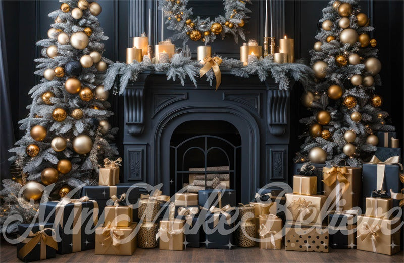 Kate Christmas Tree Winter Navy Fireplace Gold Ornaments Gifts Backdrop Designed by Mini MakeBelieve
