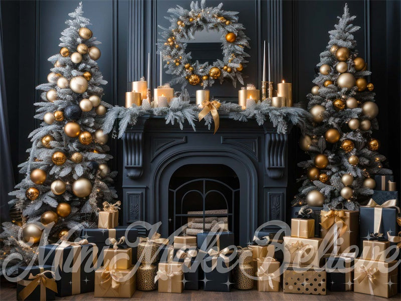 Kate Christmas Tree Winter Navy Fireplace Gold Ornaments Gifts Backdrop Designed by Mini MakeBelieve