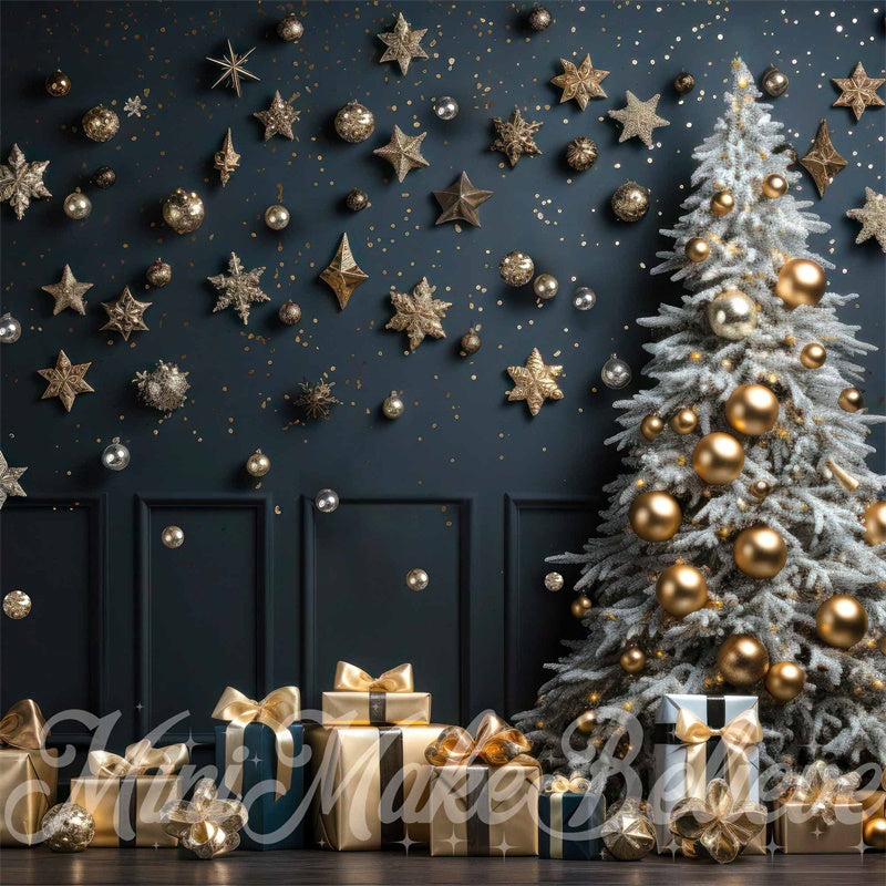 Kate Christmas Tree Winter Navy Wall Gold Ornaments Backdrop Designed by Mini MakeBelieve