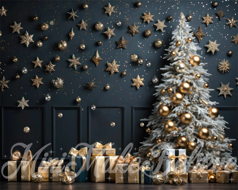 Kate Christmas Tree Winter Navy Wall Gold Ornaments Backdrop Designed by Mini MakeBelieve