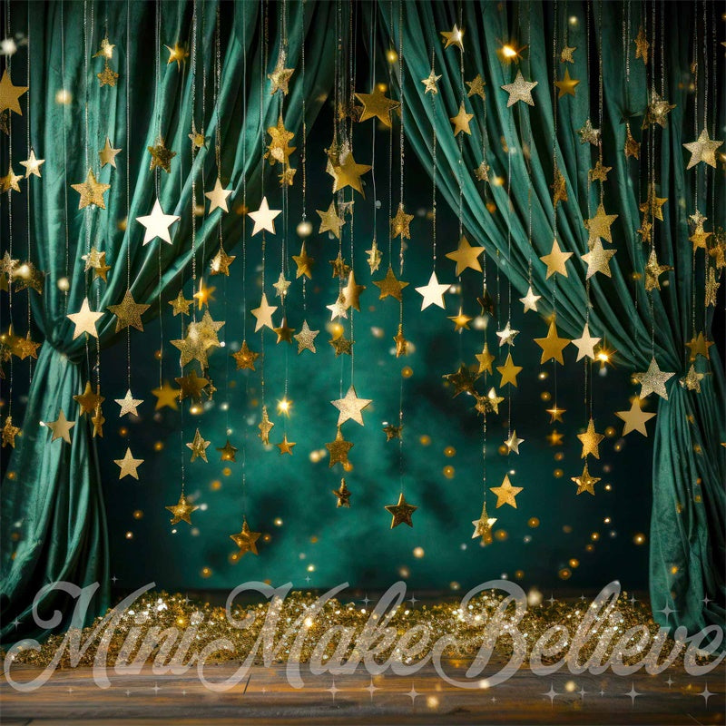 Kate Pet Christmas Winter Green Curtain with Stars Backdrop Designed by Mini MakeBelieve