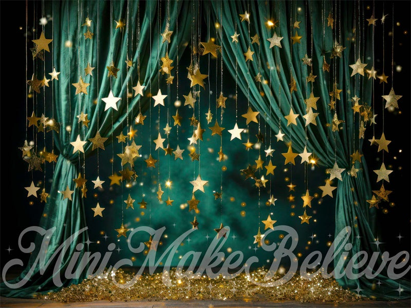 Kate Christmas Winter Green Curtain with Stars Backdrop Designed by Mini MakeBelieve