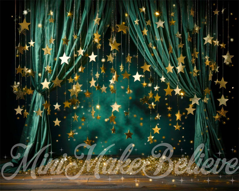 Kate Christmas Winter Green Curtain with Stars Backdrop Designed by Mini MakeBelieve