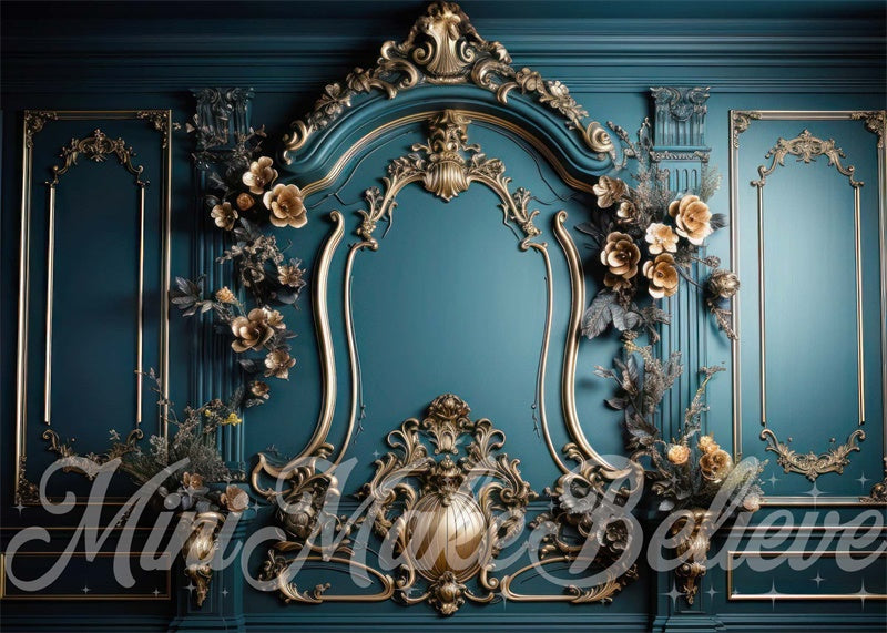 Kate Luxury Ornate Rococo Gold Teal Turquoise Wall Backdrop Designed by Mini MakeBelieve