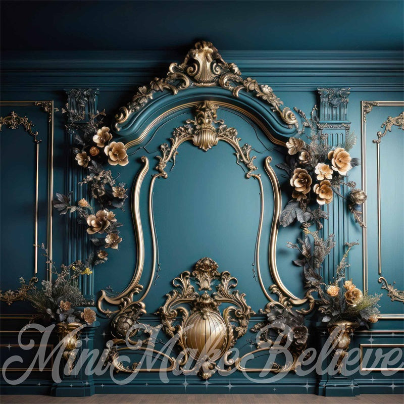 Kate Luxury Ornate Rococo Gold Teal Turquoise Wall Backdrop Designed by Mini MakeBelieve