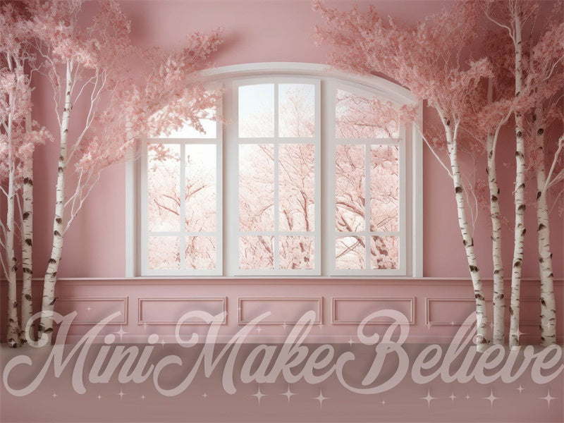 Kate Winter Christmas Pink Room Window Birch Trees Backdrop Designed by Mini MakeBelieve