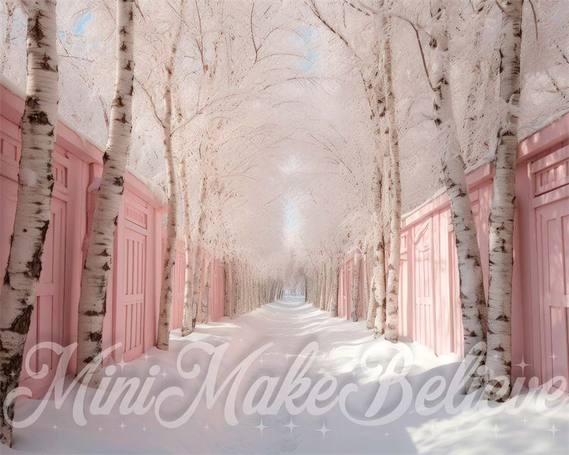 Kate Winter Christmas Pink Row of Birch Trees Snow Backdrop Designed by Mini MakeBelieve