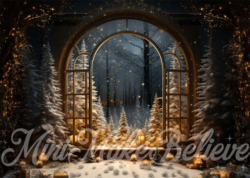 Kate Winter Christmas Tree Window Snow Night Backdrop Designed by Mini MakeBelieve