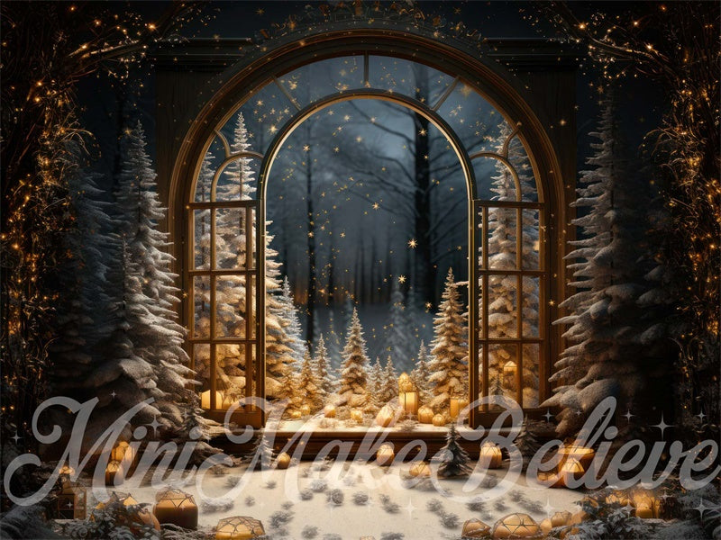 Kate Winter Christmas Tree Window Snow Night Backdrop Designed by Mini MakeBelieve