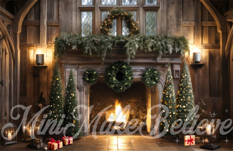 Kate Winter Christmas Trees Rustic Cabin Fireplace Luxury Backdrop Designed by Mini MakeBelieve