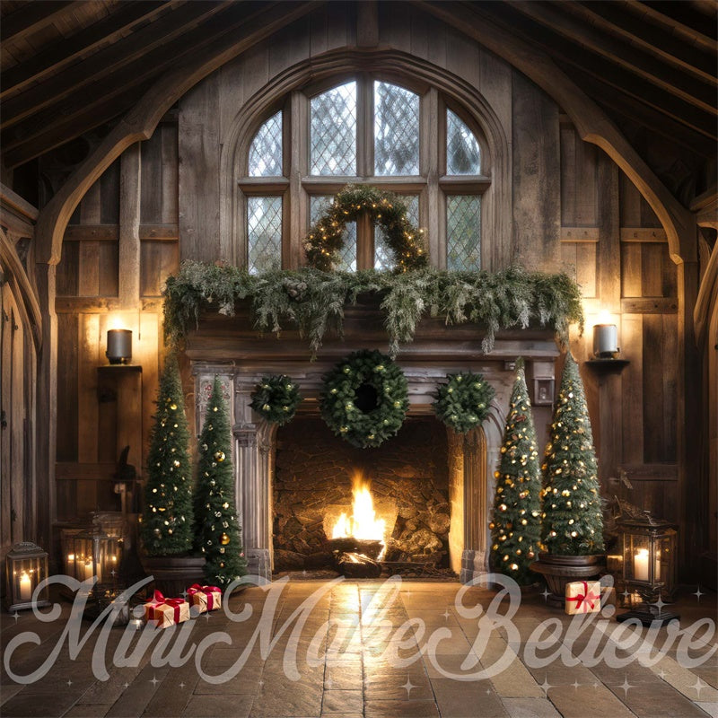 Kate Winter Christmas Trees Rustic Cabin Fireplace Luxury Backdrop Designed by Mini MakeBelieve