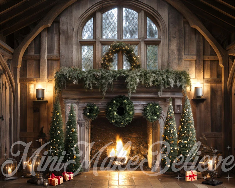 Winter Christmas Trees Rustic Cabin Fireplace Luxury Backdrop Ontworpen door Mini MakeBelieve
