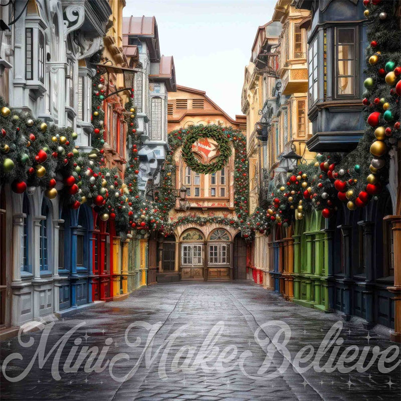 Kate Winter Christmas Village Street Colorful Backdrop Designed by Mini MakeBelieve
