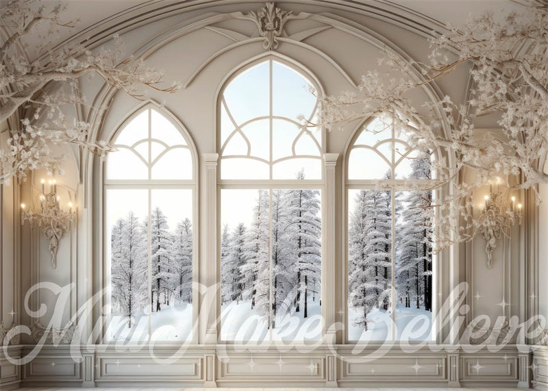 Kate Winter Christmas White Frosted Luxury Room Window Backdrop Designed by Mini MakeBelieve