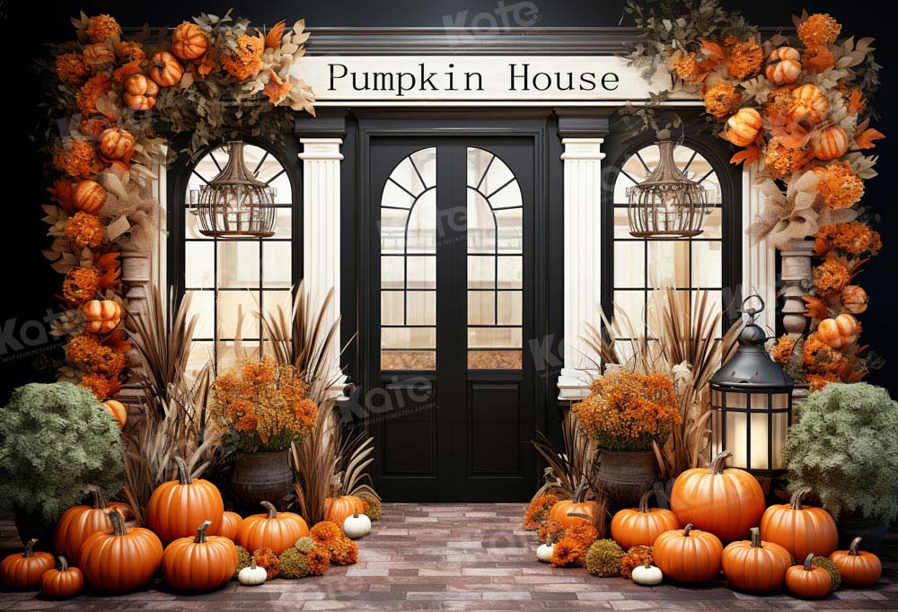 Kate Autumn Fall Pumpkin House with Black Door Backdrop for Photography