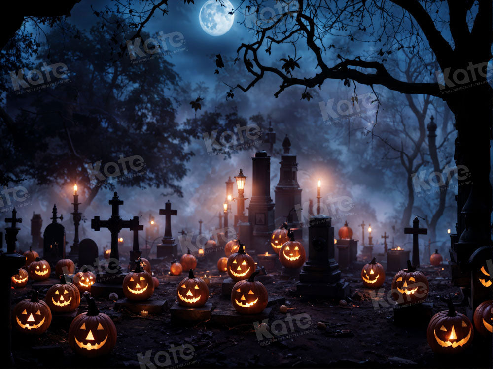 Kate Halloween Spooky Pumpkin Graveyard Night Moon Backdrop for Photography