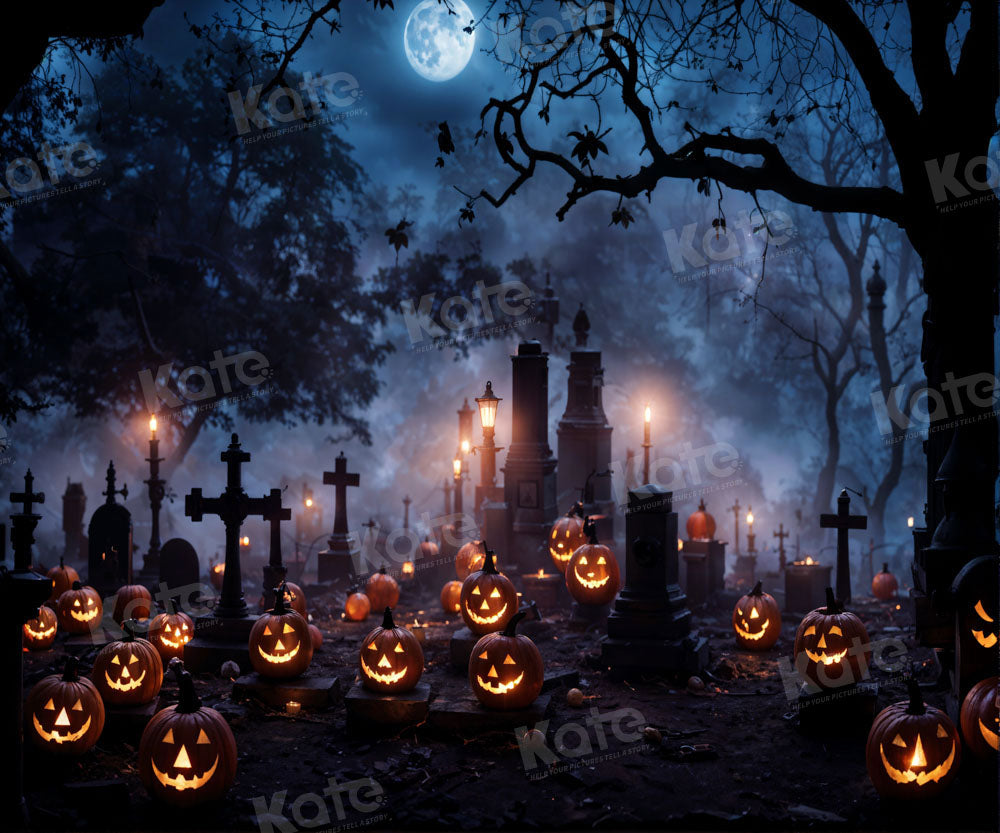 Kate Halloween Spooky Pumpkin Graveyard Night Moon Backdrop for Photography