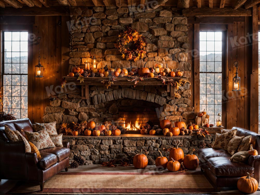 Kate Fall Room Pumpkin Fireplace Sofa Backdrop for Photography