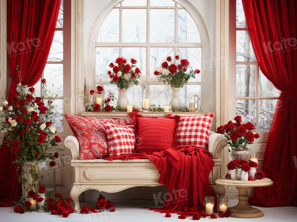 Kate Valentine's Day Window Rose Vintage Sofa Red Backdrop for Photography
