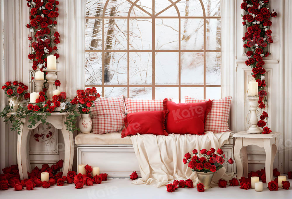 Kate Valentine's Day White Sofa Window Rose Backdrop for Photography