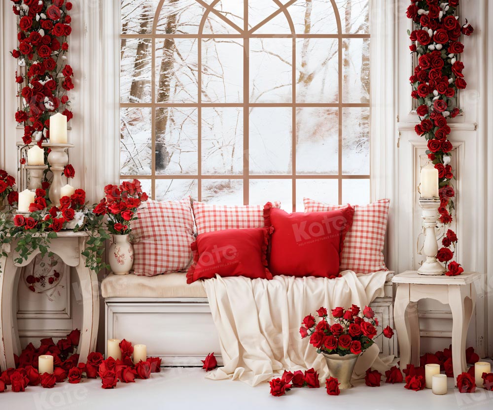 Kate Valentine's Day White Sofa Window Rose Backdrop for Photography