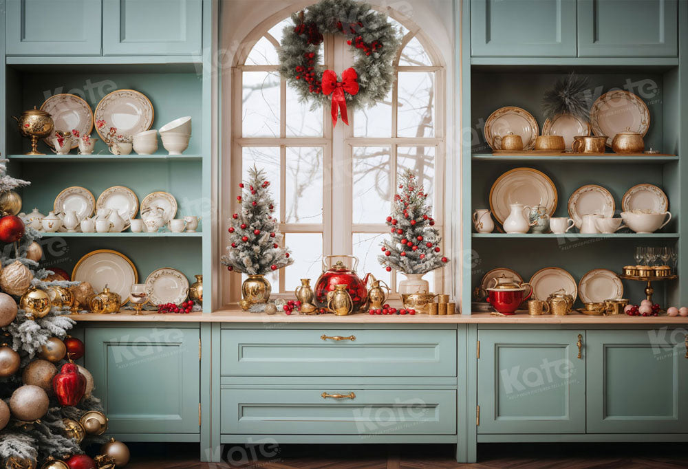Kate Christmas Green Kitchen Backdrop for Photography