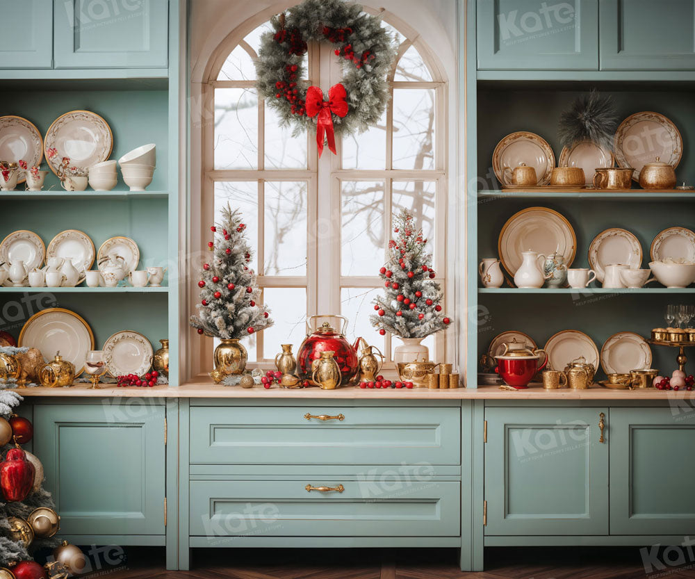 Kate Christmas Green Kitchen Backdrop for Photography