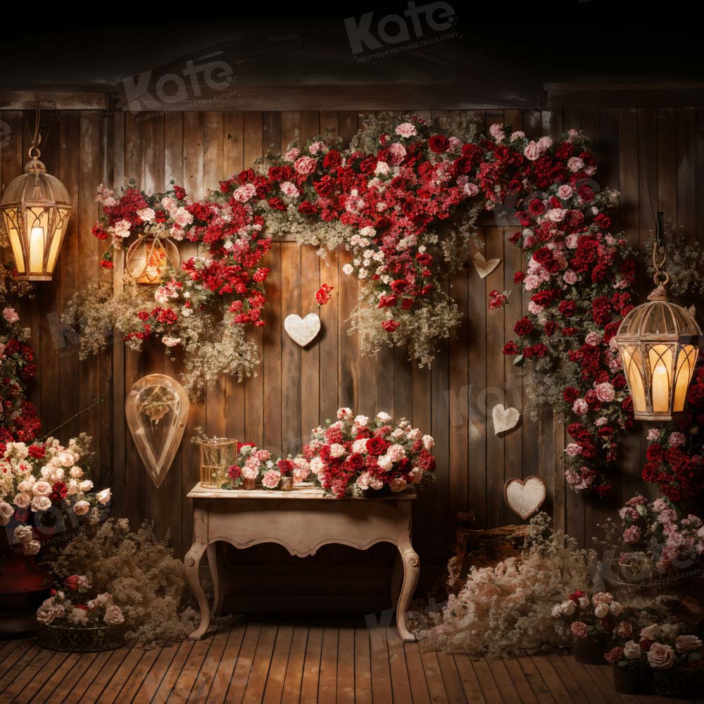 Kate Valentine's Day Rose Flower Brown Wood Backdrop Designed by Emetselch