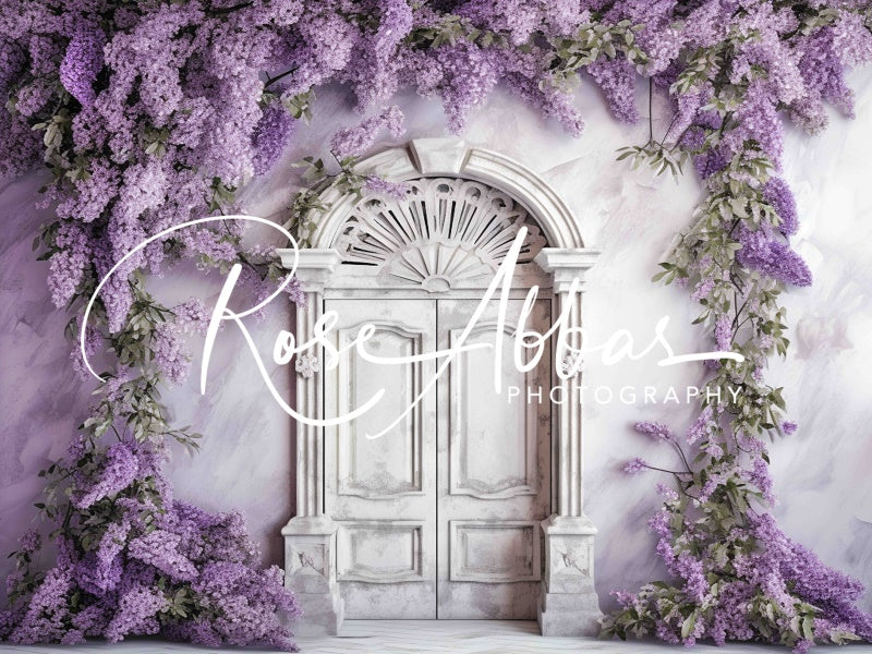 Kate Antique Door with Purple Flowers Backdrop Designed By Rose Abbas