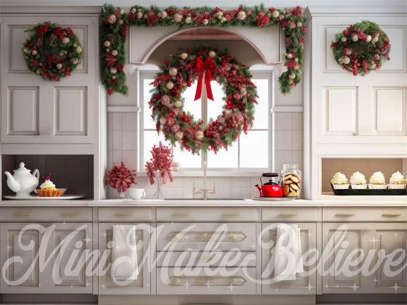 Kate Christmas Kitchen with Long Bows Backdrop Designed by Mini MakeBelieve