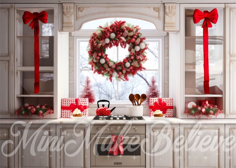 Kate Christmas Kitchen with Large Middle Wreath Backdrop Designed by Mini MakeBelieve