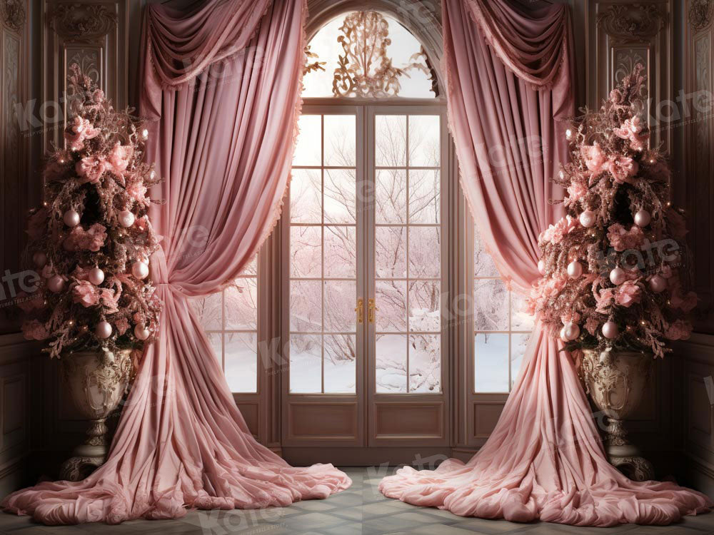 Kate Winter Pink Christmas Room Window Backdrop Designed by Chain Photography