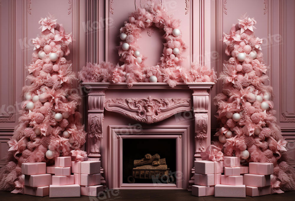 Kate Pink Christmas Fireplace Tree Backdrop Designed by Emetselch