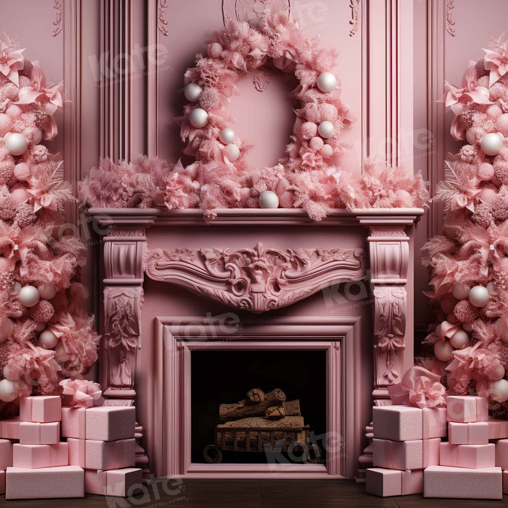 Kate Pink Christmas Fireplace Tree Backdrop Designed by Emetselch