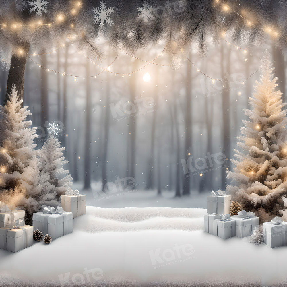 Kate Winter Christmas Outdoor Wonderland Tree Gifts Light Backdrop for Photography