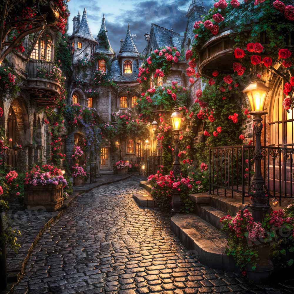 Kate Valentine's Day Street with Pink Floral in Night Backdrop Designed by Emetselch