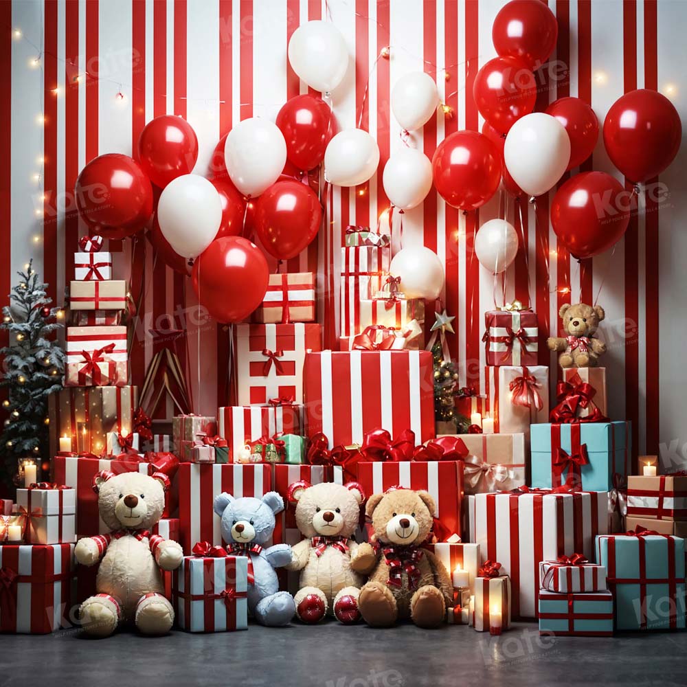 Kate Christmas Teddy Bear Red Balloon Gifts Backdrop for Photography