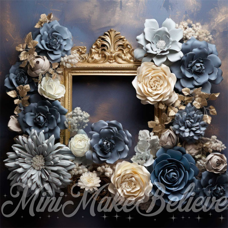 Kate Blue Cream Flowers Gold Frame Copper Watercolor Maternity Boy Cake Smash Birthday Backdrop Designed by Mini MakeBelieve