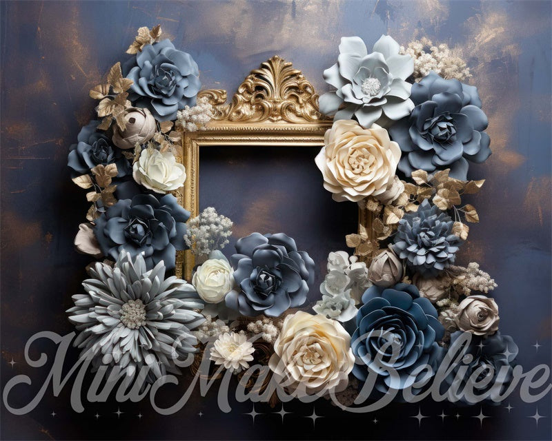 Kate Blue Cream Flowers Gold Frame Copper Watercolor Maternity Boy Cake Smash Birthday Backdrop Designed by Mini MakeBelieve