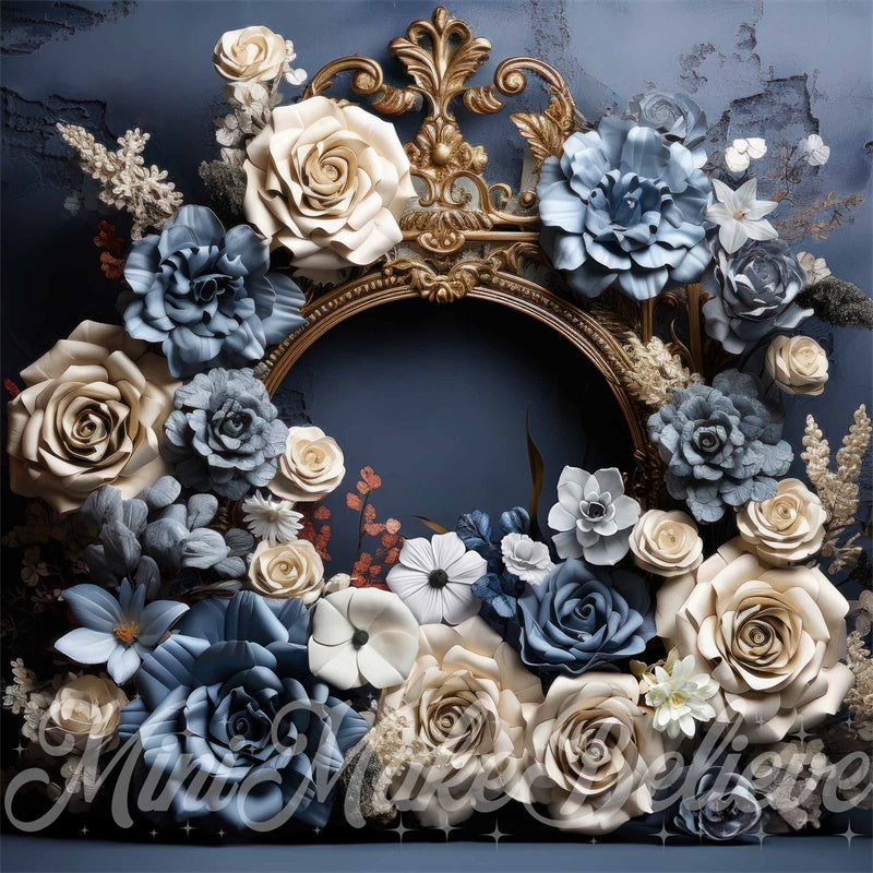 Kate Fine Art Blue Cream Floral Gold Frame Cement Maternity Backdrop Designed by Mini MakeBelieve